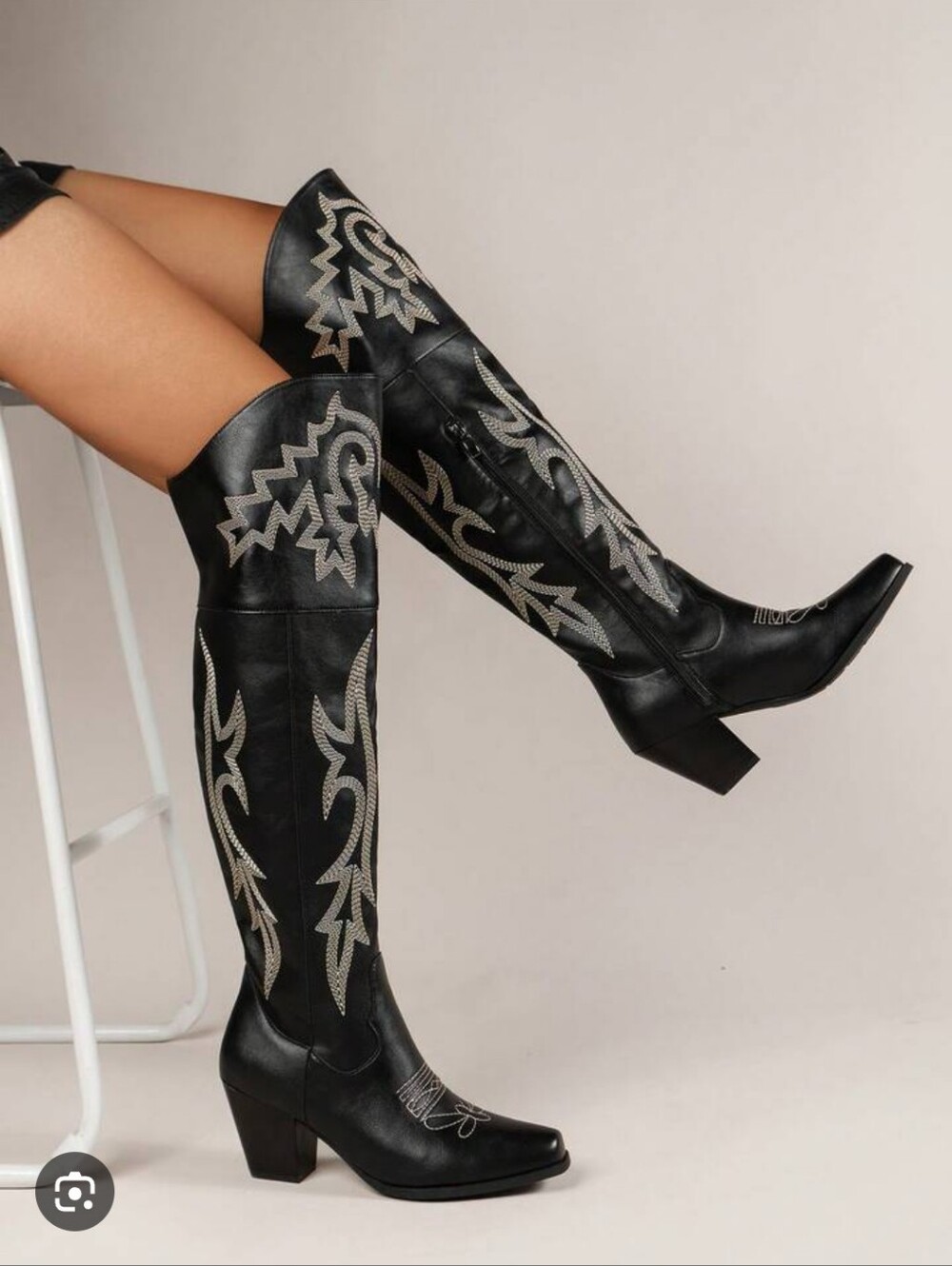 Black Western Embroidered Knee-High Riding Boots